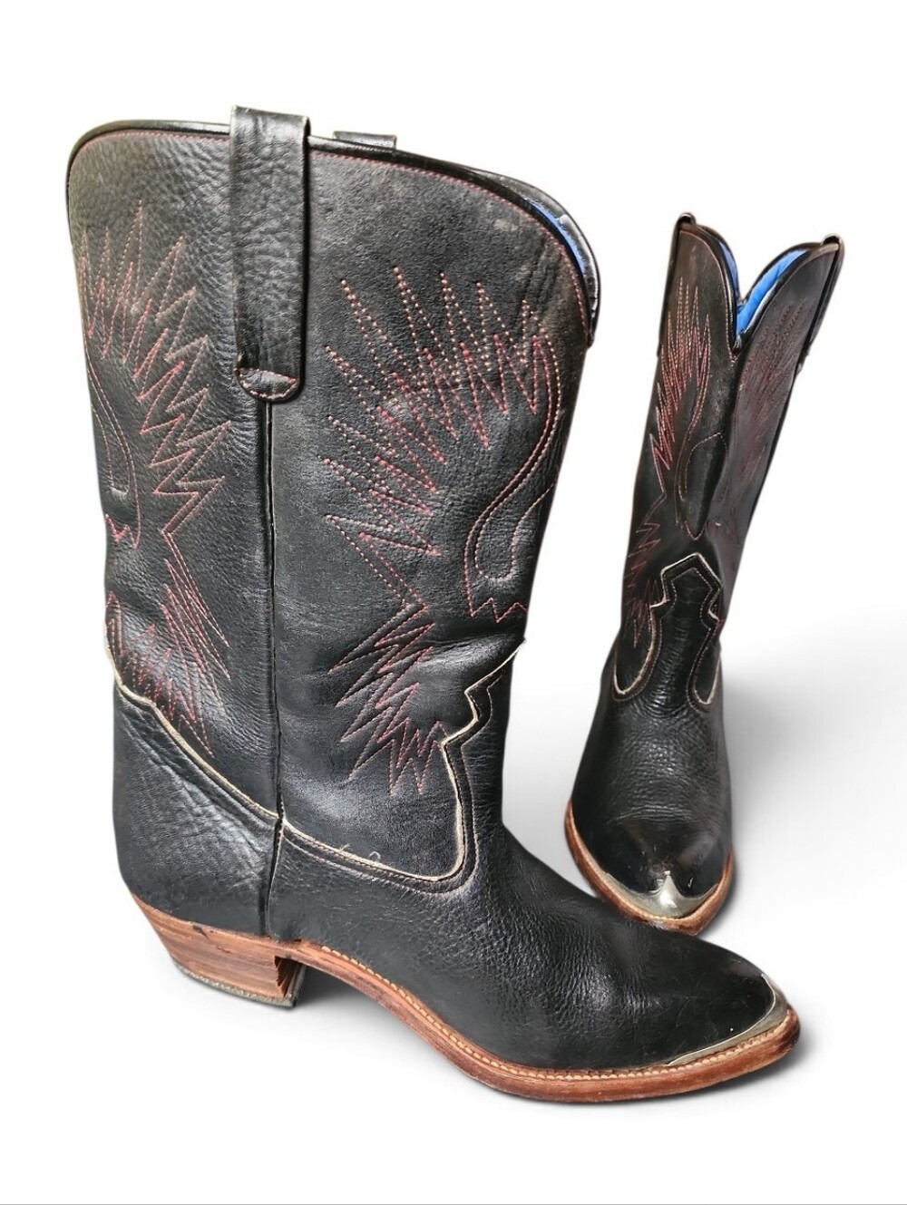 Vintage Western Genuine Leather Cowboy Boots Silver Toe Caps Men 10.5 - 11 West
